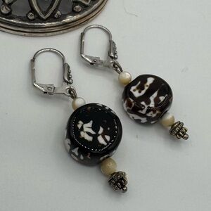 Boho Chocolate Brown and White Dangle Earrings with Shell Bead Accents